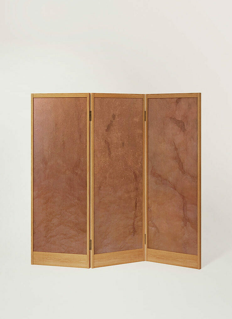 Folding screen in cherry wood and washi papers dyed with persimmon juice, created by the artist Maya Kitakado Cannon.