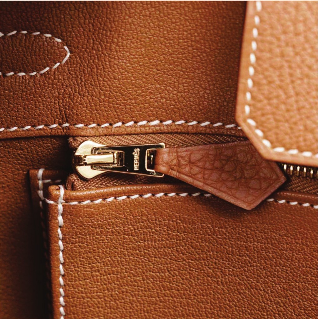 Close-up of Hermès Birkin saddle stitching.