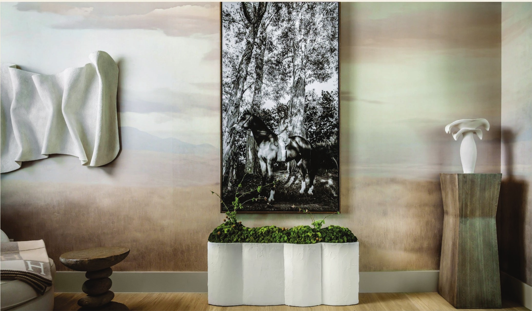 Tonal bedroom retreat at Holiday House Wellington with sepia equestrian portrait.